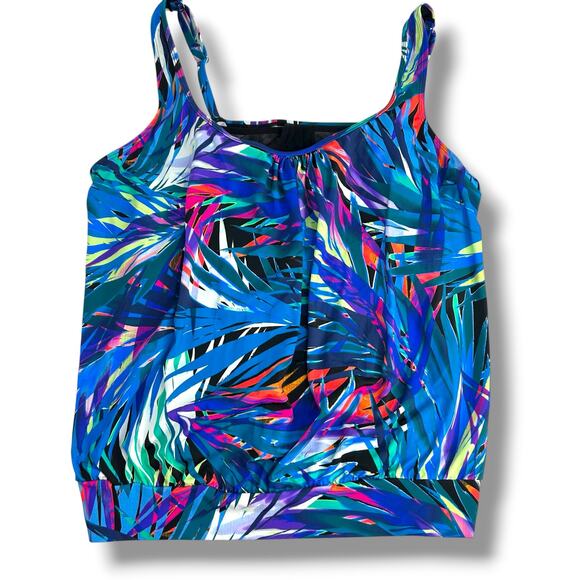 NWT Swim Solutions Blue Blouson Tankini Top SZ 22W Loose Fit Underwire Tropical - Picture 2 of 10